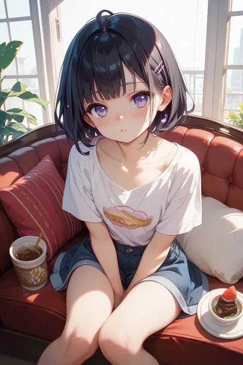  girls on the left、 black hair、 purple eyes、Chest、blush、Young、 forward bending、sofa、Sitting