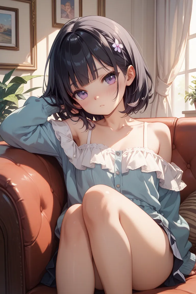  girls on the left、 black hair、 purple eyes、Chest、blush、Young、 forward bending、sofa、Sitting