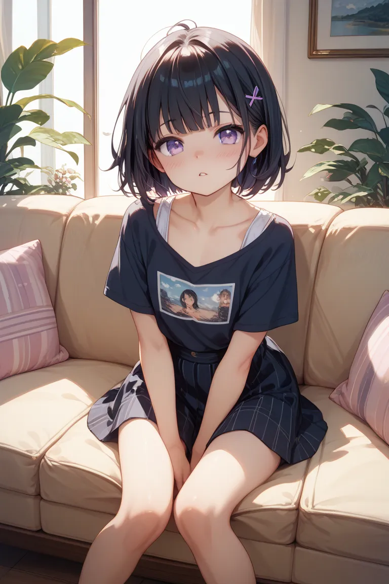  girls on the left、 black hair、 purple eyes、Chest、blush、Young、 forward bending、sofa、Sitting