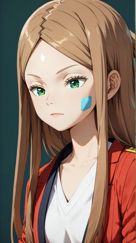 (UHD, retina, masterpiece, accurate, anatomically correct, super detail, high details,   highres, 1080P, 16k、high detail RAW color art:1.3)、(Kirie Konami ai:1.3)、(brown hair,long hair,forehead、green eyes:1.5)、(shiny skin:1.3)、(adhesive plaster:1.3)