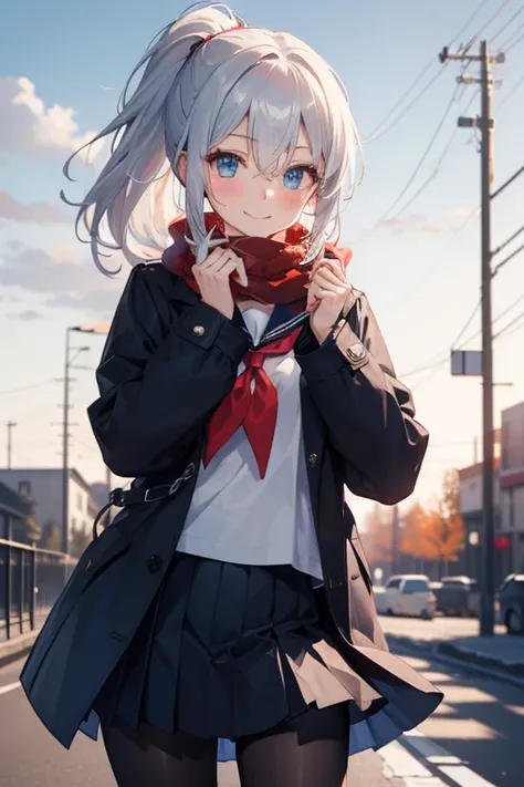 highres, masterpiece, 1girl, solo, bob hair, looking at viewer, blush, smile, blue eyes, silver hair, holding, hair between eyes, closed mouth, standing, school uniform, scarf, down coat , winter coat, sidelocks, pantyhose, outdoors, cowboy shot, pleated s...