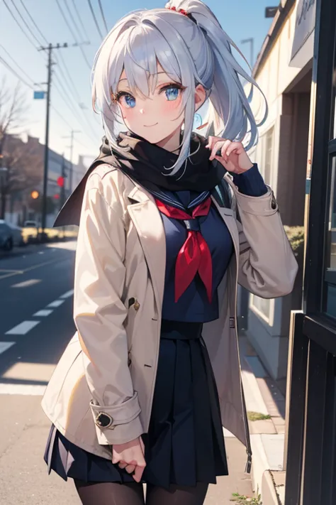 highres, masterpiece, 1girl, solo, bob hair, looking at viewer, blush, smile, blue eyes, silver hair, holding, hair between eyes, closed mouth, standing, school uniform, scarf, down coat , winter coat, sidelocks, pantyhose, outdoors, cowboy shot, pleated s...