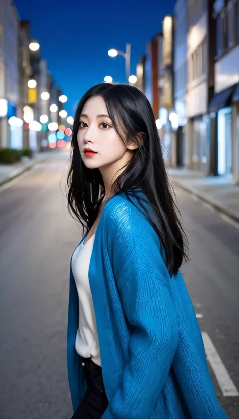 1 woman, alone, Age 30, sadly, Close view ,(adult),semi blonde long black hair, feel the wind and facing away from the viewer, bluesky color of cardigan, walking, city full of light, nighlty (background is an empty street), view from above