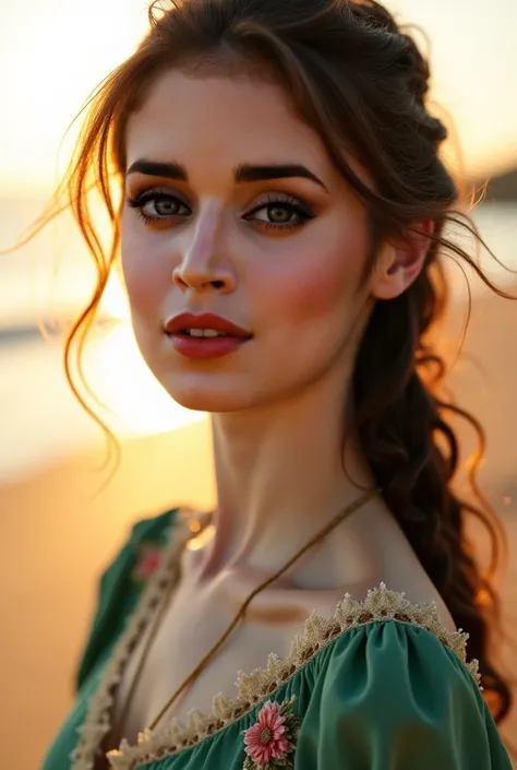 Use these facial features create image of Positive Prompt (Highly Detailed):

"A cinematic, ultra-realistic close-up portrait of a young woman with mesmerizing blue-green eyes, gazing softly into the camera with an enigmatic, slightly melancholic expressio...