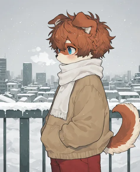 source_ furry， furry male，elementary school students，((boy)),Two dog boys，Dog Tail  ,short hair,masterpiece, newest,absurdres, incredibly absurdres, bright eyes, detailed eyes,short hair,  messy hair, solo, blue eyes,  brown sweater, turtleneck, red pants,...