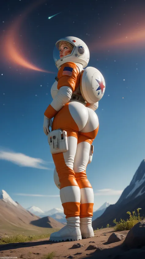 (date:20250212, By:Joulios) Highly detailed RAW color Photo, Rear Angle, Full Body, of (female space astronaut, wearing orange and white space suit, helmet, tined face shield, rebreather, accentuated booty), outdoors, (looking up at advanced alien structur...