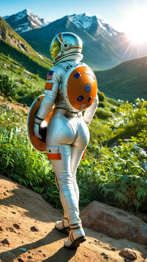 (date:20250212, By:Joulios) Highly detailed RAW color Photo, Rear Angle, Full Body, of (female space astronaut, wearing orange and white space suit, helmet, tined face shield, rebreather, accentuated booty), outdoors, (looking up at advanced alien structur...