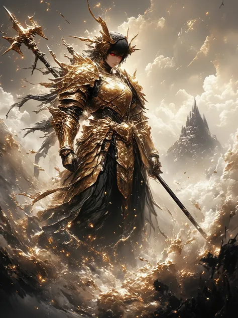 A (((background))) of the (ocean waves) with a (female 1girl) in a ((golden, hyper-detailed armor)) that reflects the (sunlight in the water) with an intricate ((trident) on her back, its design and ornamentation so detailed they seem to glow, set against ...