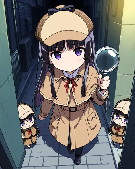 score_9, score_8_ up  , score_7_ up  
 BREAK
 source_anime, best quality , Masterpiece, ( chibi)
 BREAK 
1girl ,(Alone), ruri gokou, black hair, hime cut, long hair, purple eyes, bangs, mole, ((((Detective)))),  trench coat, magnifying glass , Glasses, Dar...