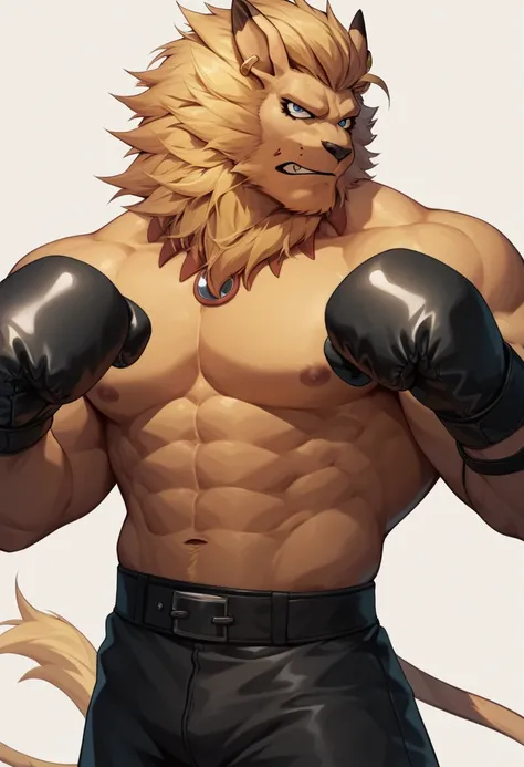 Leomon, muscular, shirtless, black boxing shorts, black boxing gloves, posing