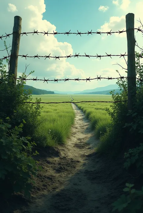 a barbed wire fence separating a lush green field from a barren wasteland 