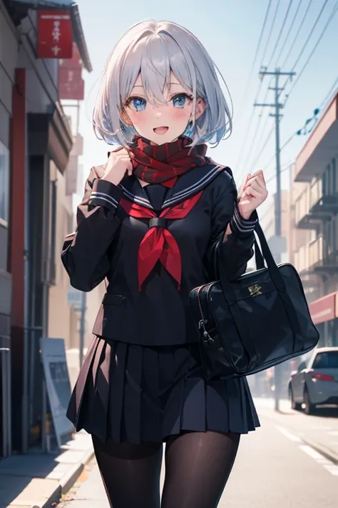 highres, masterpiece, 1girl, solo, bob hair, looking at viewer, blush, smile, blue eyes, silver hair, holding, hair between eyes, open mouth, standing, school uniform, scarf, winter heavy coat , sidelocks, pantyhose, outdoors, cowboy shot, pleated skirt, f...