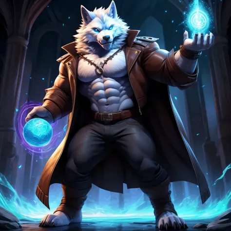   white werewolf, eyes blue, jacket, casting magic spell, strong, muscular, standing,