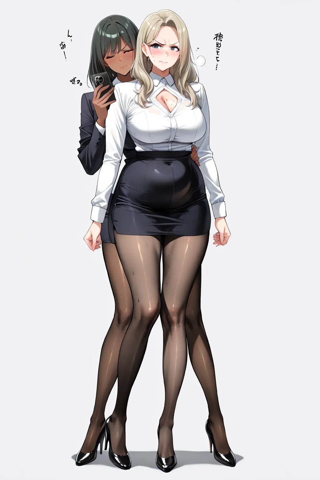  quality;{ Ultra-realistic,  high definition,  Details,  high res, 8k, Realistic color saturation , プロフェッショナル quality,  perfect contrast, (Light Gray Background:1.1), ( correct anatomy ), (18 year old beautiful secretaries standing in black stockings, acce...