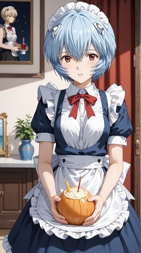 (UHD, retina, masterpiece, accurate, anatomically correct, super detail, high details,   highres, 1080P, 16k、high detail RAW color art:1.3)、 ( Ayanami Rei:1.3)、(short hair、light blue hair:1.3)、(shiny skin:1.3)、(maid clothesr:1.3)