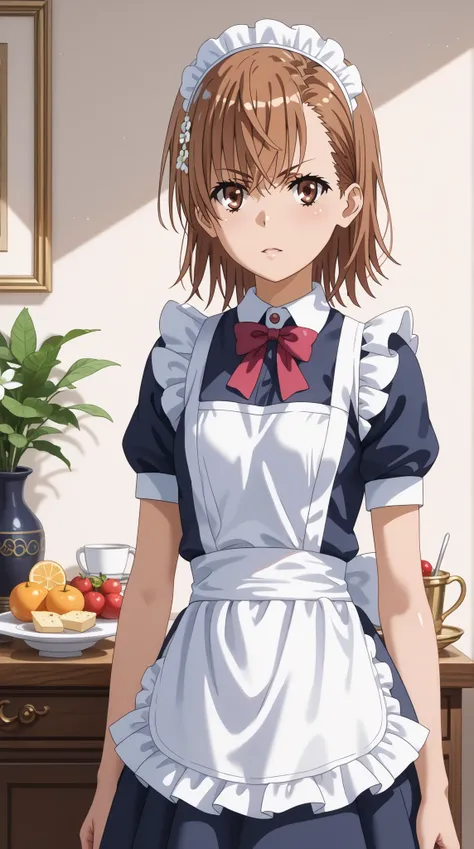 (UHD, retina, masterpiece, accurate, anatomically correct, super detail, high details,   highres, 1080P, 16k、high detail RAW color art:1.3)、 (misaka mikoto:1.3)、(short hair, brown hair:1.3)、(shiny skin:1.3)、(maid clothesr:1.3)