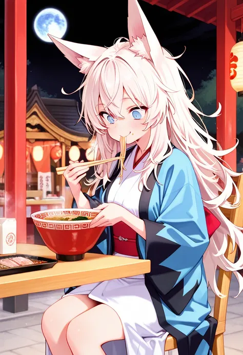 score_9,score_8_up,score_7_up,rating_safety,source_manga,masterpiece,best quality,hyper detailed,super fine illustration,8k,cowboy shot,front angle,BREAK 1girl,19yo,(fox ears,white hair,messy hair,long hair),(blue eyes,sharp eyes),(little smile),(white kim...