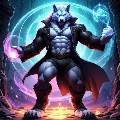 white werewolf, eyes blue, jacket, casting magic spell, strong, muscular, standing,