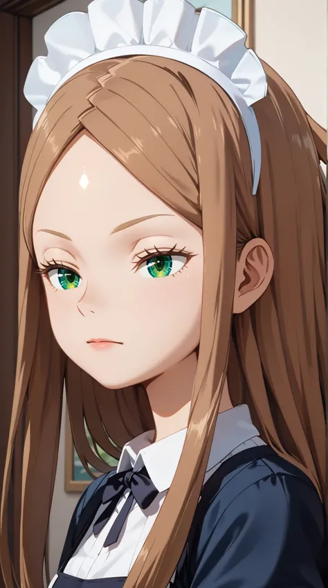 (UHD, retina, masterpiece, accurate, anatomically correct, super detail, high details,   highres, 1080P, 16k、high detail RAW color art:1.3)、(Kirie Konami ai:1.3)、(brown hair,long hair,forehead、green eyes:1.3)、(shiny skin:1.3)、(maid clothesr:1.3)