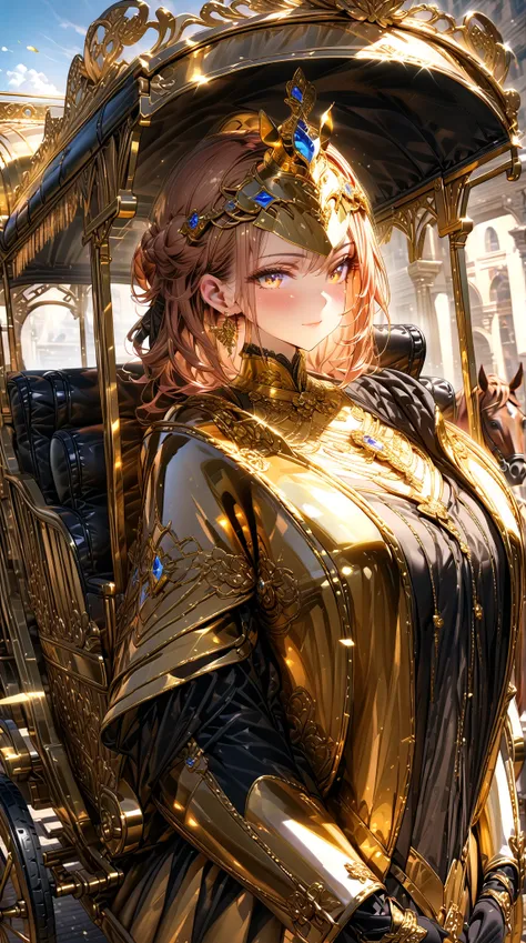 (( Masterpiece,  high definition ,8k)),((  highly detailed  , perfect picture with roses)),(  perfect anatomy),A girl is riding in a horse-drawn carriage,Wearing golden armor,I have a weapon and a saucer