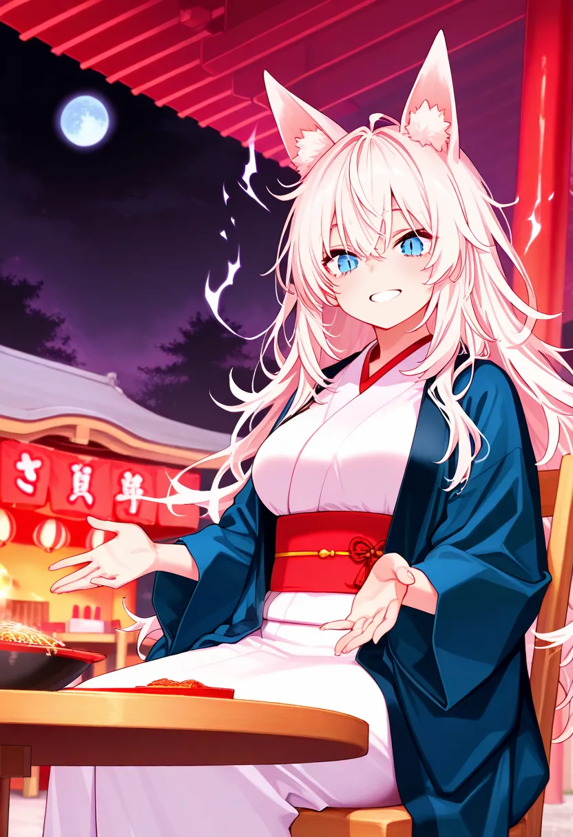 score_9,score_8_up,score_7_up,rating_safety,source_manga,masterpiece,best quality,hyper detailed,super fine illustration,8k,cowboy shot,front angle,BREAK 1girl,19yo,(fox ears,white hair,messy hair,long hair),(blue eyes,sharp eyes),(happy smile),(white kimo...