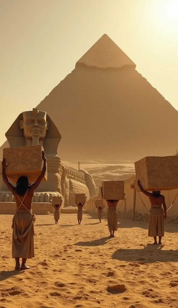 "Photorealistic, 16:9 format, maximum quality. Ancient Egypt, Giza Pyramids under construction. Massive giants, resembling pharaohs, are actively building the pyramids, lifting enormous limestone blocks with their bare hands. Some carry the blocks on their...