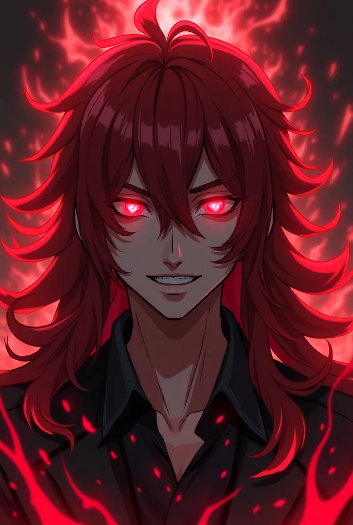 evil anime man with evil smile and red eyes and has long red hair  has a red energy and sclera of his eyes is black

