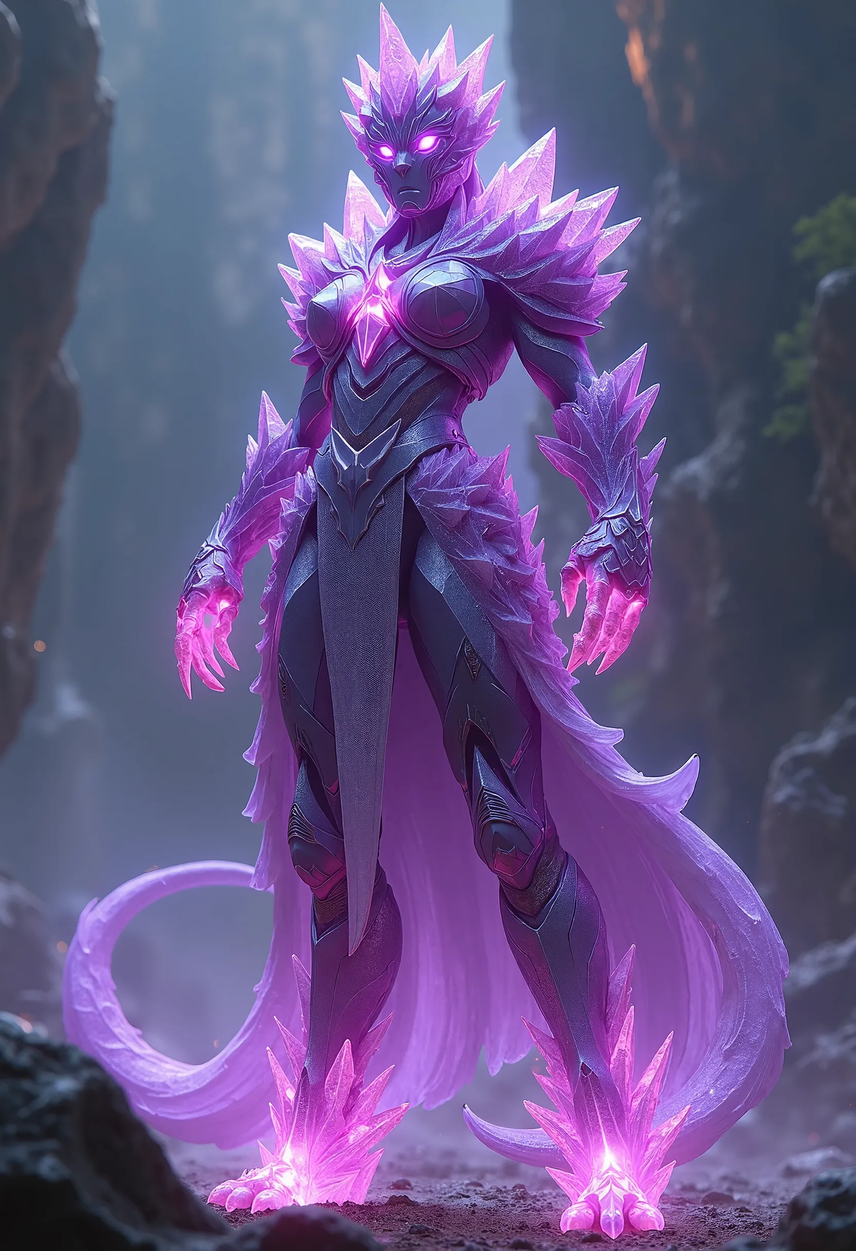 A powerful and imposing Crystal Guardian with a female form. Standing at 2.5 to 3 meters tall, she embodies both strength and beauty. Her body is made of jagged layers of glowing, deep purple crystals that shimmer and shift with every movement. Her face is...