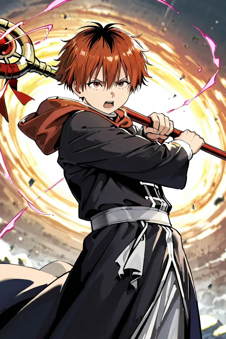 stark (sousou no frieren), 1 boy, holding a extra large wizard staff, red hair, red eyes, short hair, bangs, hair between eyes, multicolored hair, two-tone hair, black hair, black long robe, red cloak, angry, open mouth, holding wizard staff , magic energy...