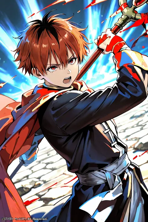 stark (sousou no frieren), 1 boy, holding a extra large wizard staff, red hair, red eyes, short hair, bangs, hair between eyes, multicolored hair, two-tone hair, black hair, black long robe, red cloak, angry, open mouth, holding wizard staff , magic energy...