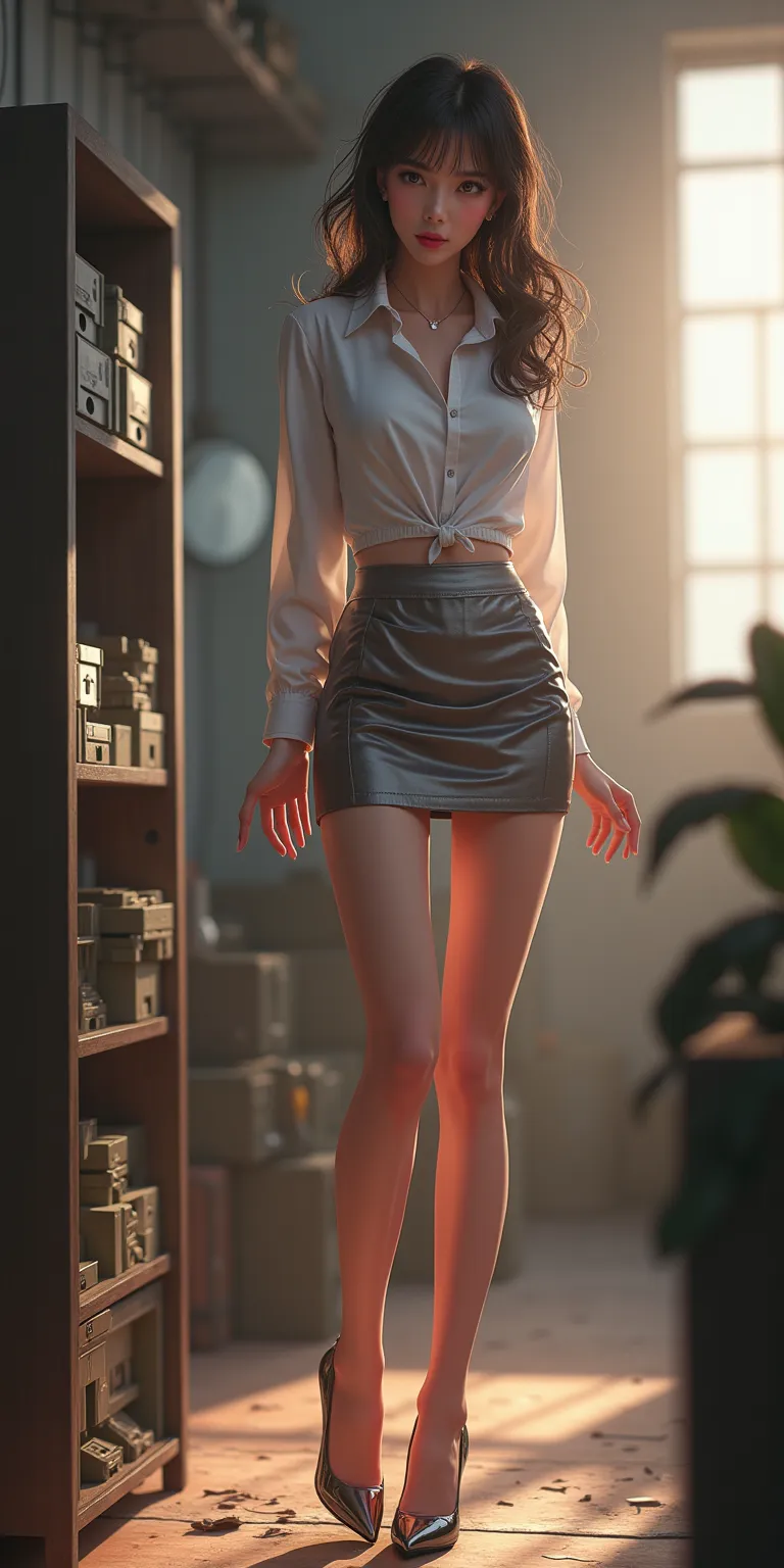 ((Osaki Amane, xane value rendering,Photo realistic style CG,original photo,Real People,190 cm tall girl, girl has a height of 121 cm below the waist,Full body image of the heel area wearing super heels, xane value rendering, Feminine Pose, on the side of ...