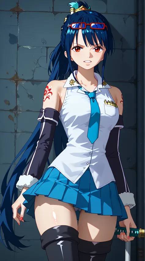 (UHD, retina, masterpiece, accurate, anatomically correct, super detail, high details,   highres, 1080P, 16k、high detail RAW color art:1.3)、 (Tashigi:1.3)、 (red　Eye wear on head、long hair、dark　blue　hair、ponytail、bangs:1.3)、(shiny skin:1.3)、(white shirt,col...