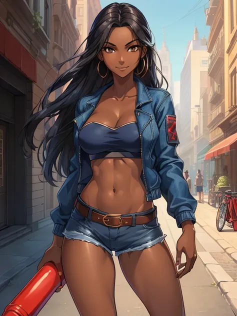 (Masterpiece, Best Quality, extremely detailed, 1 girl, Alone), dark skin, (dark-skinned female:1.5), long black hair, (hazel eyes:1.2), Slim and toned body, medium breasts, ((Wearing: Opened blue jacket, belt, red tube top and denim shorts)), looking at v...