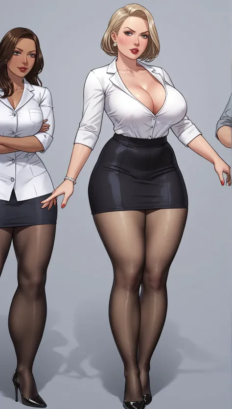  quality;{ Ultra-realistic,  high definition,  Details,  high res, 8k, Realistic color saturation , プロフェッショナル quality,  perfect contrast, (Light Gray Background:1.1), ( correct anatomy ), (18 year old beautiful secretaries standing in black stockings, acce...