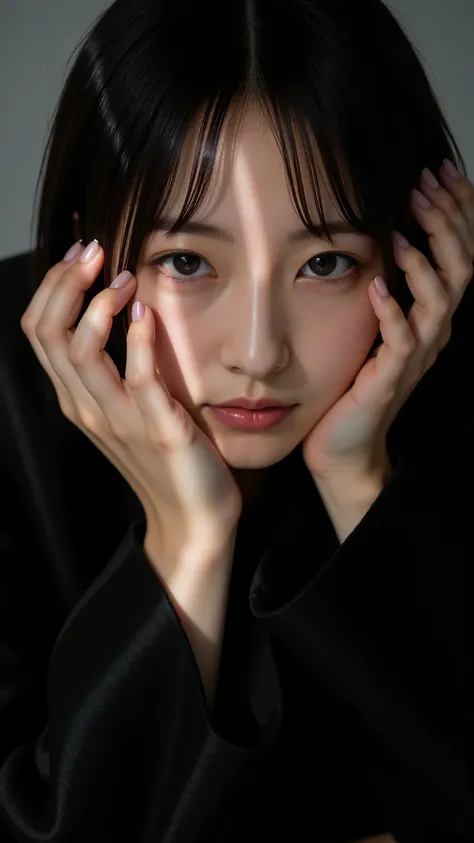 short , with dark hair, partially illuminated by narrow rays , Wearing Black Clothes ,Hands covering part of face,Adorn your finger with a minimalist ring, The portrait of the girl with makeup 、 is careful and delicate with her eyes and lips ,The face look...