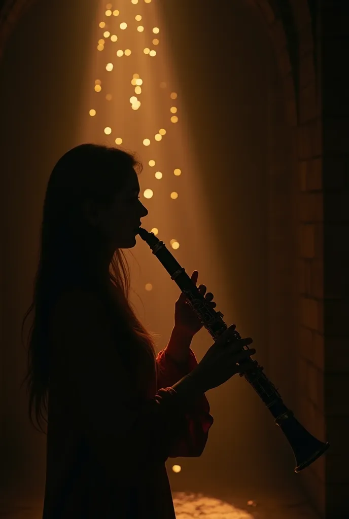   Cinematic scene, girl playing clarinet in the dark .   smiling  .   light, shining golden notes and notes radiate from her musical instrument to the sky, spirally illuminating it with warm light.  Minimalism.,  studio photo,   shallow depth of field  ,  ...