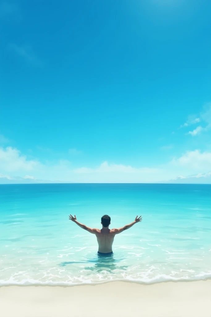 A photo behind of a man spread his arms and looking at the sky in blue water sea Beach 