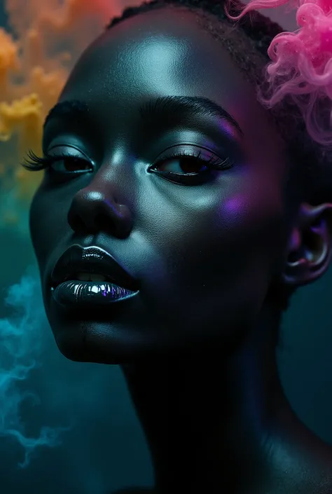 blacksmoothmatteplainplastic in form of femalefacecloseupandrainbowsmoke, fractality, darkbackground, glossyvinouscontouredlipsandeyes, surrealism, fantasy, professional photo,ultrahd,hdr