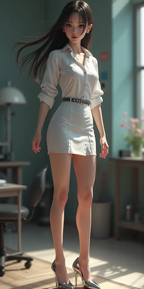 ((Osaki Amane, xane value rendering,Photo realistic style CG,original photo,Real People,190 cm tall girl, girl has a height of 121 cm below the waist,Full body image of the heel area wearing super heels, xane value rendering, Feminine Pose, on the side of ...