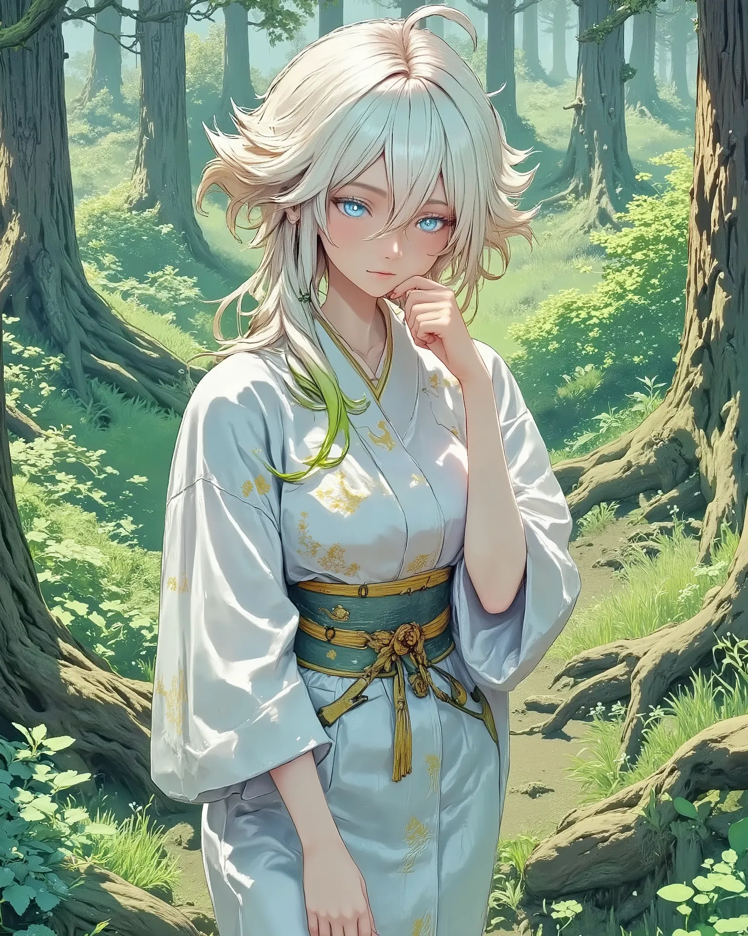 score_9, score_8_up, score_7_up, UHD, 1girl, solo, Masterpiece, UHD, yubu, Perfect hands, Detailed hands, A girl standing in the woods, "She sees the beautiful green of the forest", look away