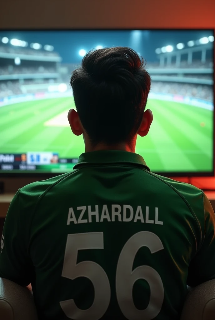 A man wearing a Pakistan cricket team kit named "AZHARDALL"  with the number 56 and watching live tv