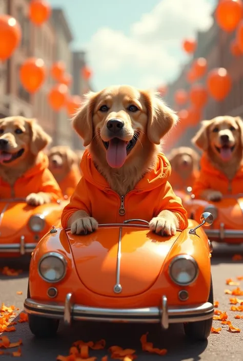 Several Golden Retrievers in a caravan for the day of love ,  they ride in allegorical cars and dressed in clothes in neon orange,  balloons and shredded paper in orange are also seen in the image 