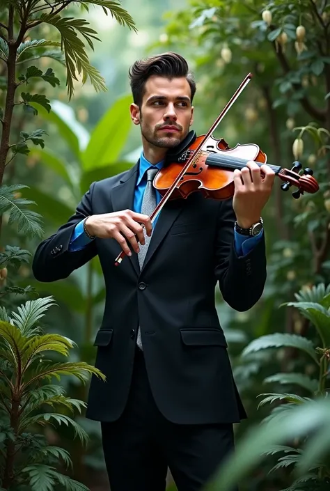 Handsome man dressed in an elegant black suit with blue shirt and gray tie playing a violin musical magic to control plants