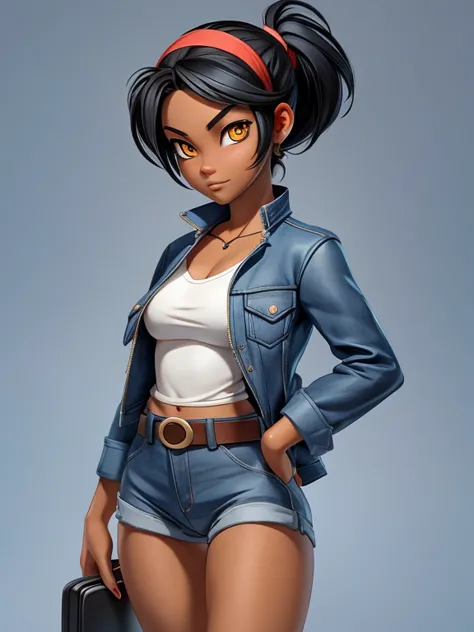 score_9, source_cartoon, 1girl, solo, black woman, amber eyes, medium black hair, hairband, opened blue jacket, red tube top, belt denim shorts