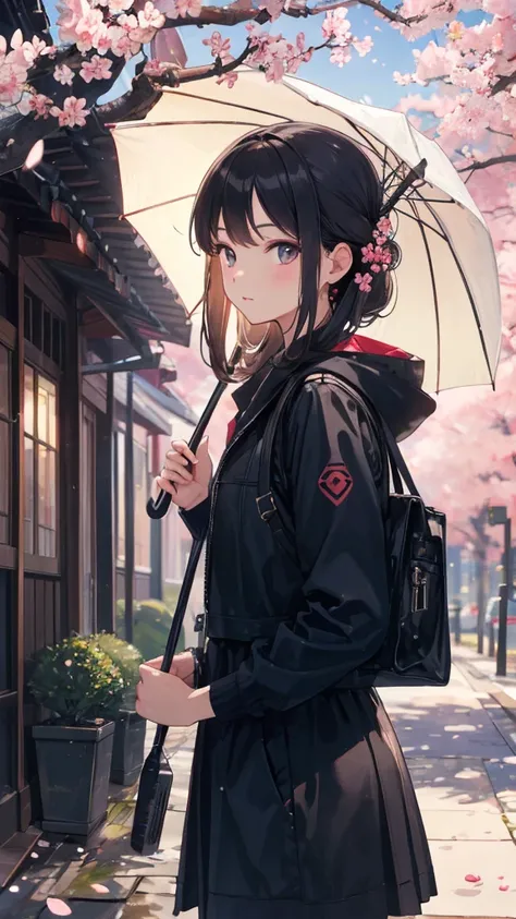 ( Masterpiece),  Best Quality,  high resolution,  is very detailed,  detailed background,  perfect lighting ,  Outdoor,  1 woman with an umbrella, Cherry blossoms