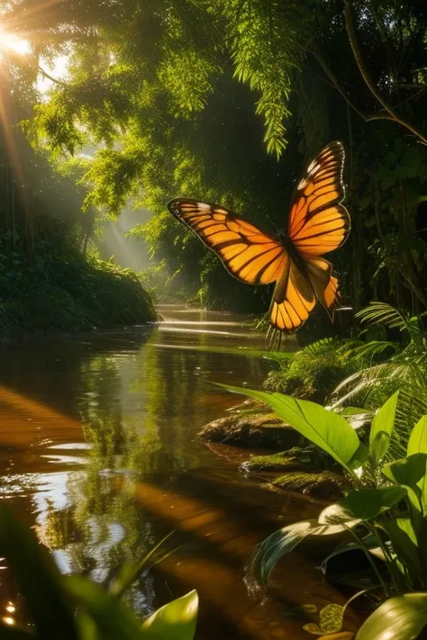 
Beautiful hyper-realistic and super-detailed masterpiece that shows a mysterious river in the amazon forest, with the sunset sunshine, somebutterflies flying