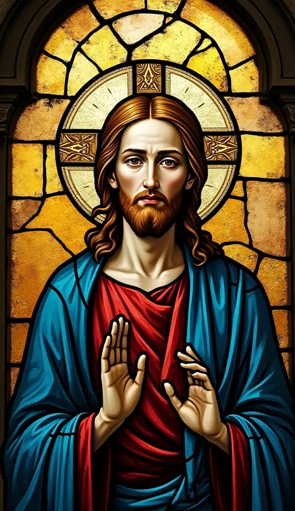 A Byzantine-style stained-glass mosaic of Jesus Christ with a solemn expression, golden halo, and intricate glass tiles. He wears deep blue and red robes, set against a golden background. The facial features are elongated, with large, expressive eyes. The ...