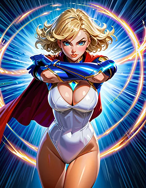 (masterpiece), (best quality), (highres), 1girl, solo, highly detailed, powergirlSDXL,1girl,short hair,blue eyes,blonde hair,large breasts,gloves,cleavage,thighs,belt,cape,leotard,lips,clothing cutout,highleg,cleavage cutout,highleg leotard,white leotard,r...