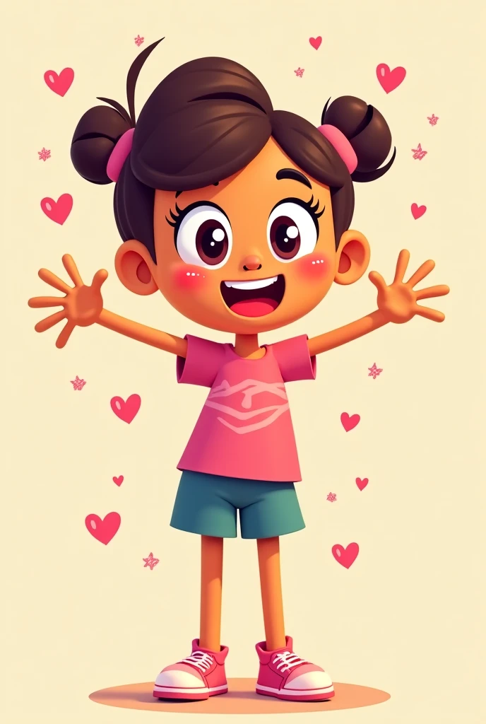 A teenager cartoon character with heart shape head smiling and waving, her skin is a little tan and she looks super excited and with heart eyes 