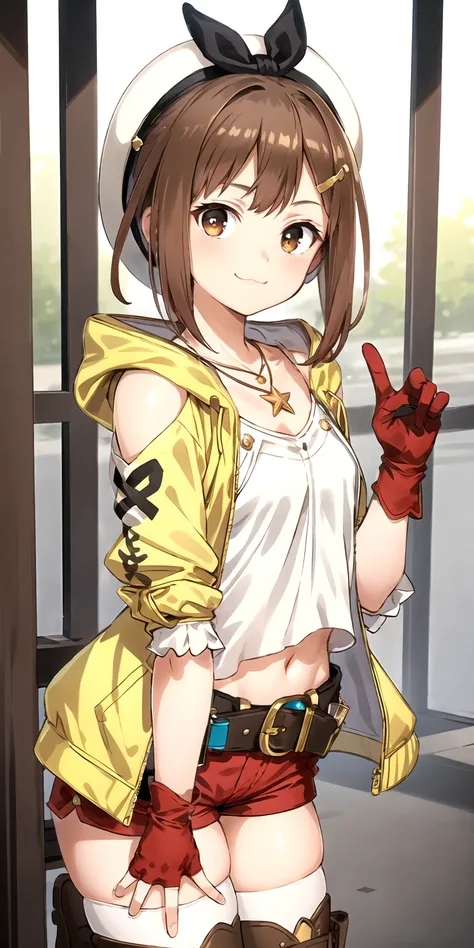 1girl, solo, riza, short hair, brown hair, hair ornament, white headwear, hat, perfect face, brown eyes, looking at viewer, cute, smile, :3, closed mouth, thin, flat chest, jewelry, necklace, shirt, yellow jacket, single glove, brown glove, red shorts, bel...